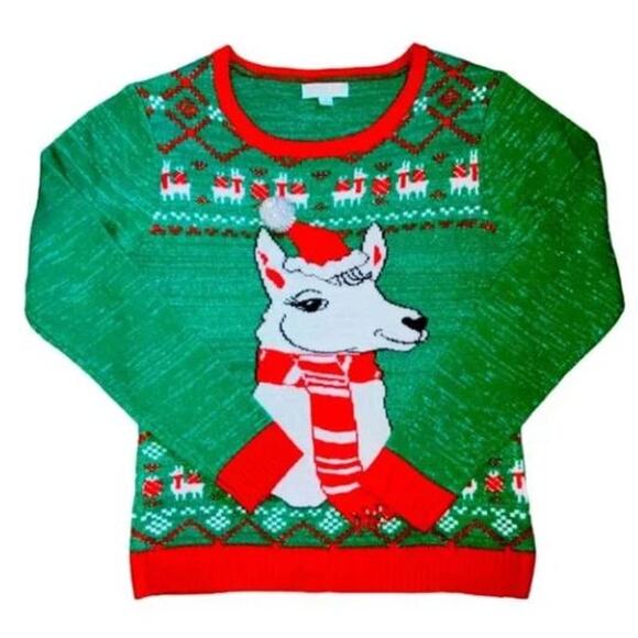 Holiday Hype Christmas Sweater Llama Green Glitter Red Large - Picture 1 of 3